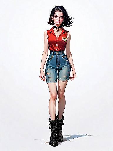 Realistic Comic Style Illustration of Woman in Casual Red Shirt and Denim Shorts