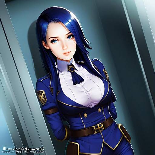Arcane Inspired Anime Woman in Blue Military Uniform Digital Art