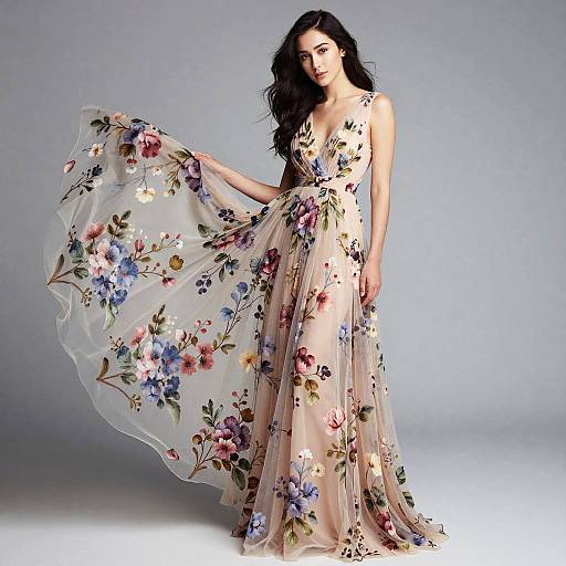 Elegant Woman in Flowing Floral Gown with Sheer Overlay