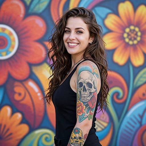 Young Woman with Skull and Floral Tattoos Posing Against Colorful Flower Mural