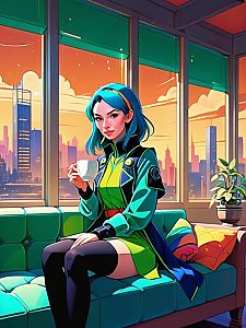 Stylish Woman with Blue Hair on Teal Sofa at Sunset