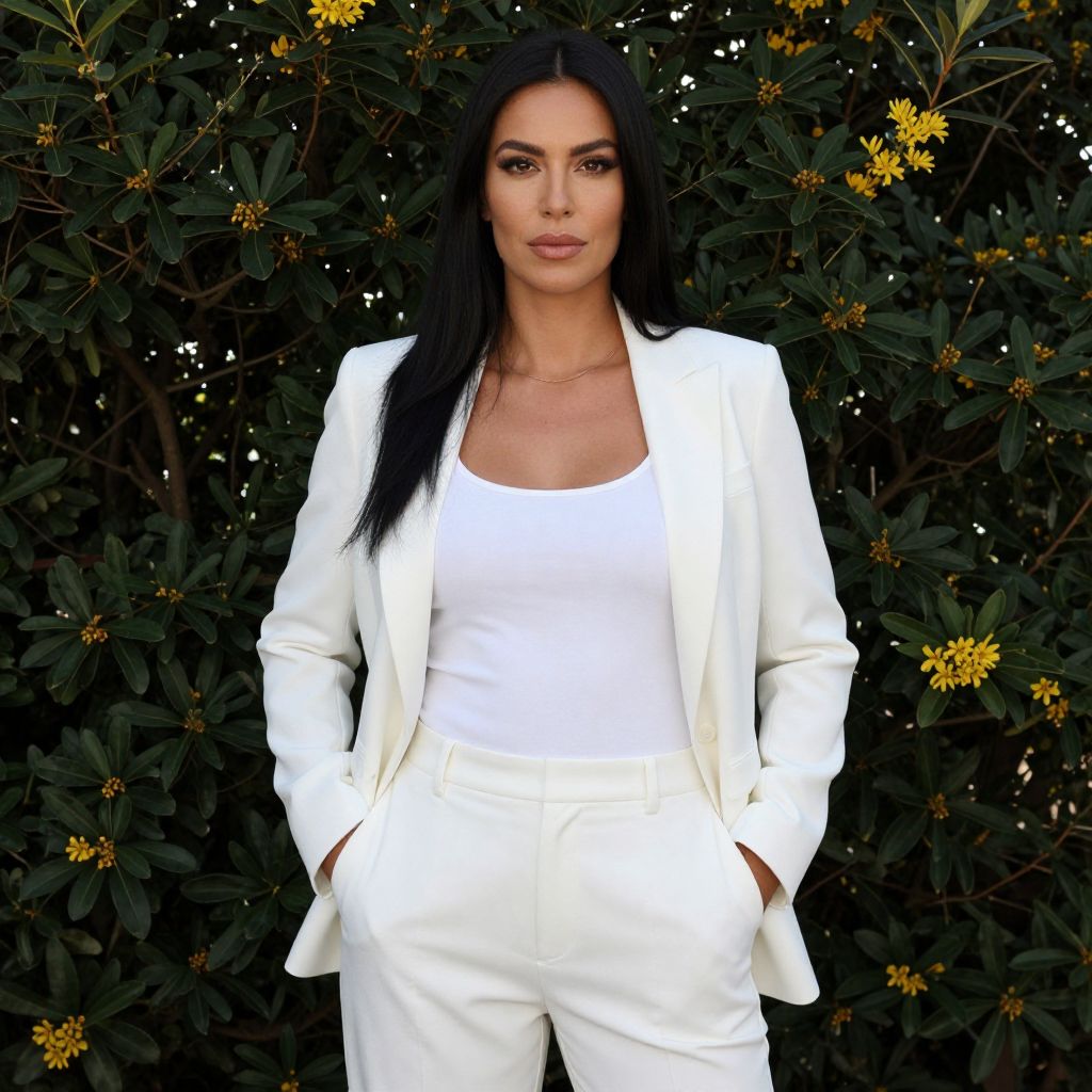 Elegant Woman in White Suit Outdoors Against Flowering Greenery