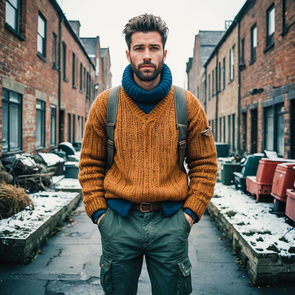 Young Man in Warm Sweater Standing in Snowy Urban Alleyway