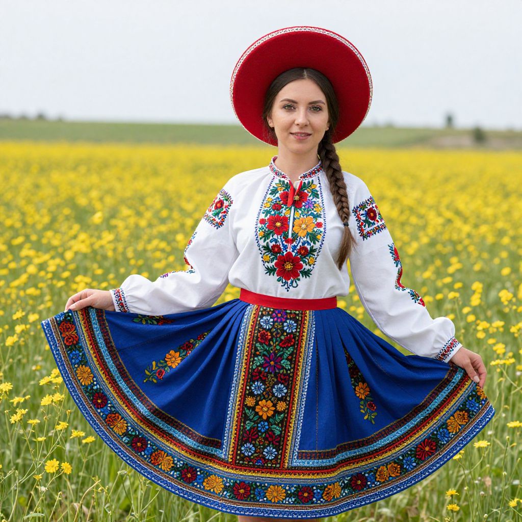 Woman in Traditional Eastern European Folk Dress with Embroidered Floral Patterns in Flower Field
