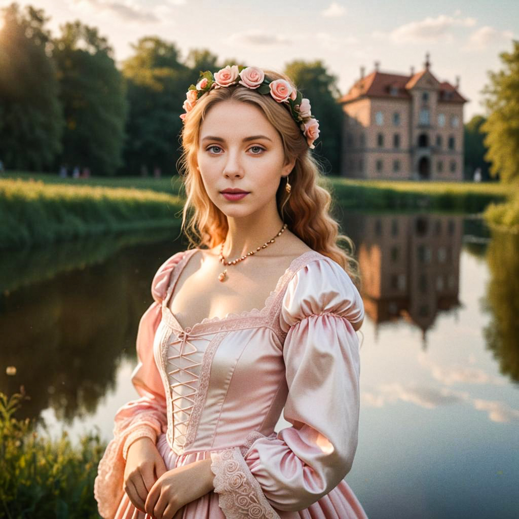 Young Woman in Pink Gown by Water