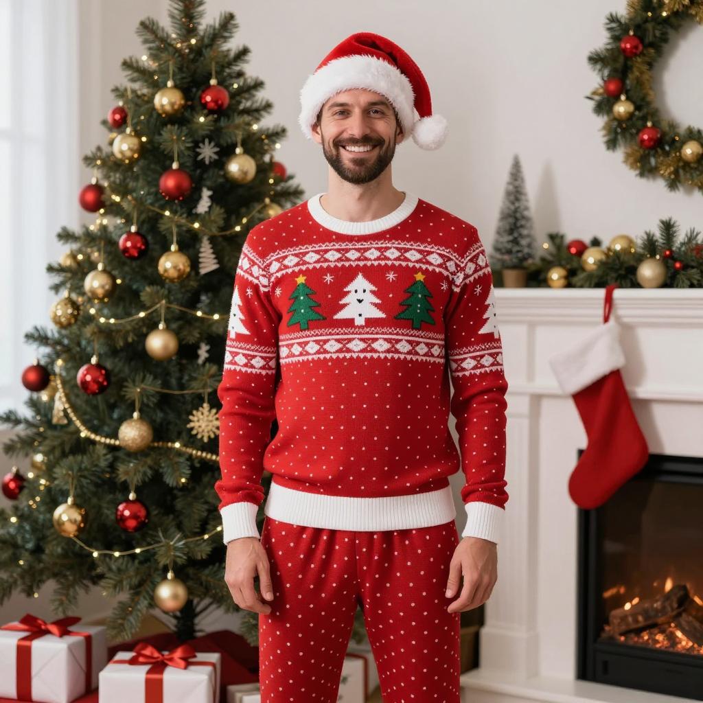 Man in Festive Christmas Sweater and Pajamas by Decorated Tree and Fireplace