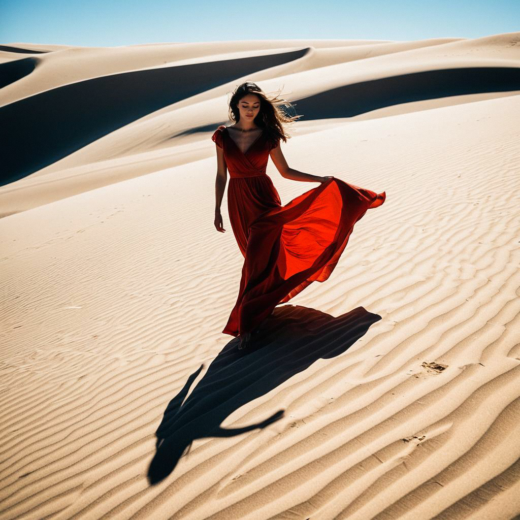 Woman in Red Dress Walking on Sand Dunes Woman in Red Dress Walking on Sand Dunes