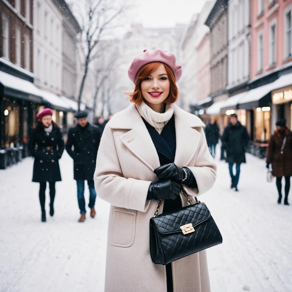 Fashionable Woman in Beige Coat and Pink Beret on Snowy City Street