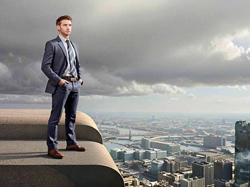 Confident Young Man on Skyscraper Ledge with City Skyline