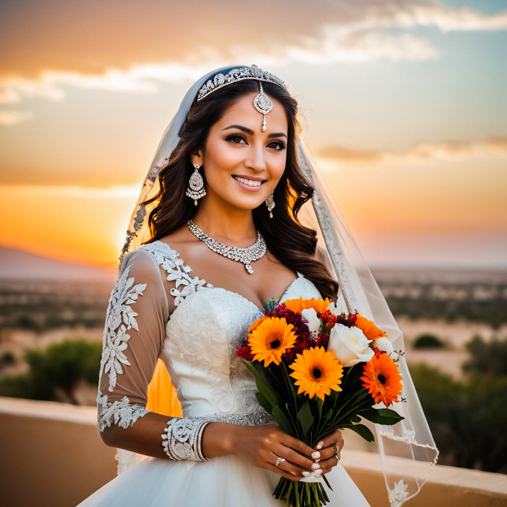 Radiant Bride in Lace Wedding Dress at Sunset