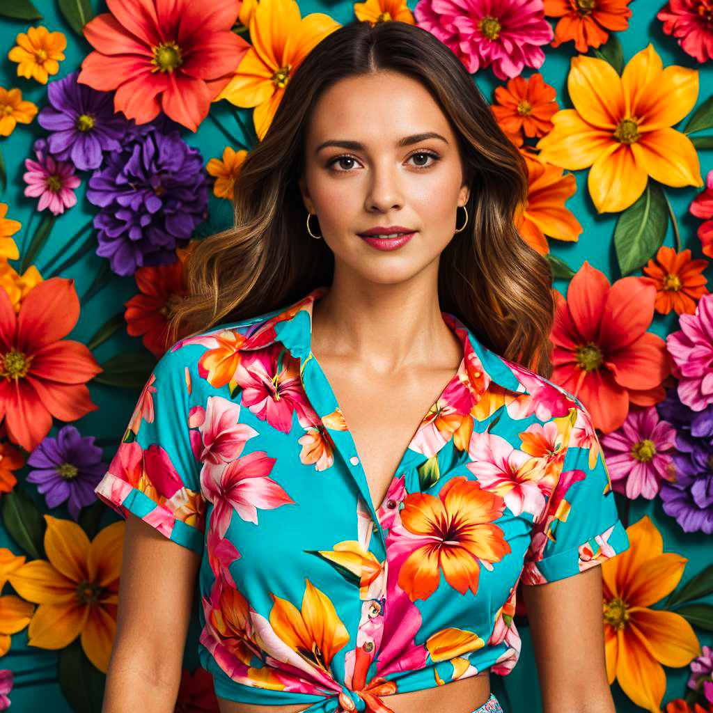 Stylish Woman in Floral Shirt Against Colorful Flowers