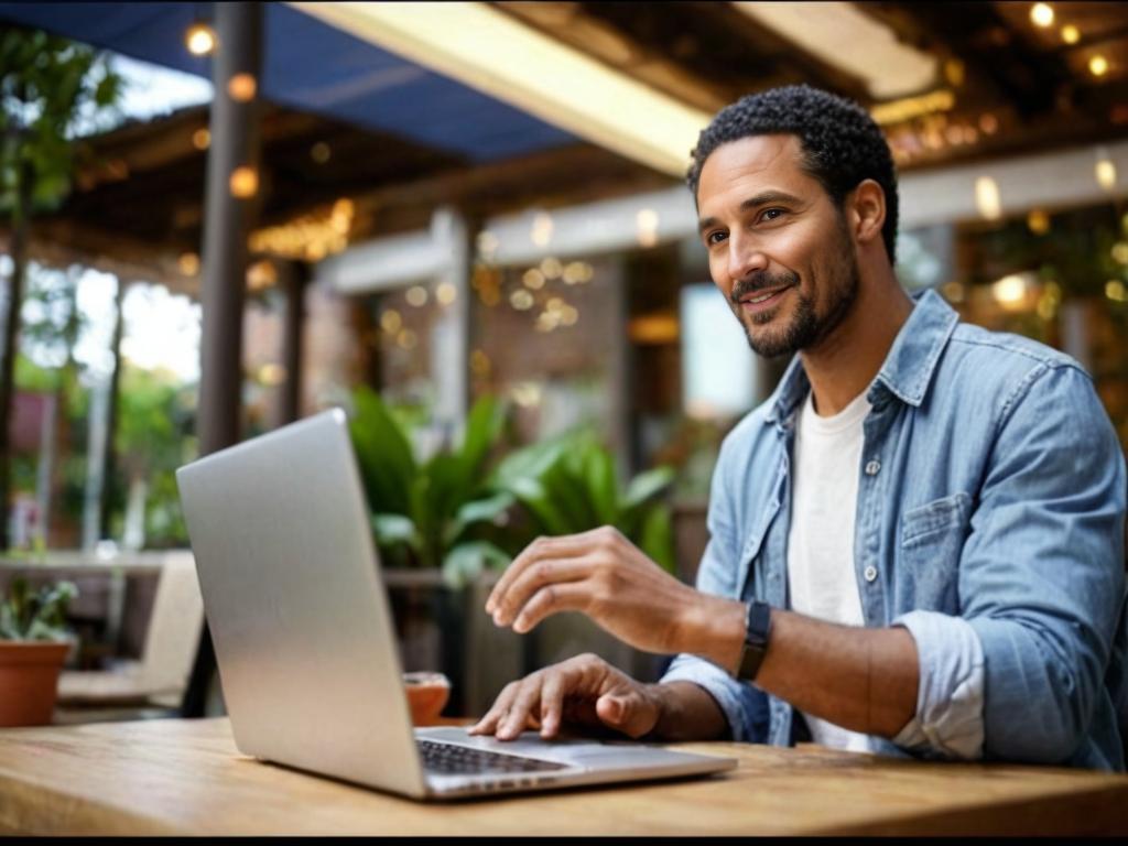 Man working on laptop in a cozy outdoor cafe