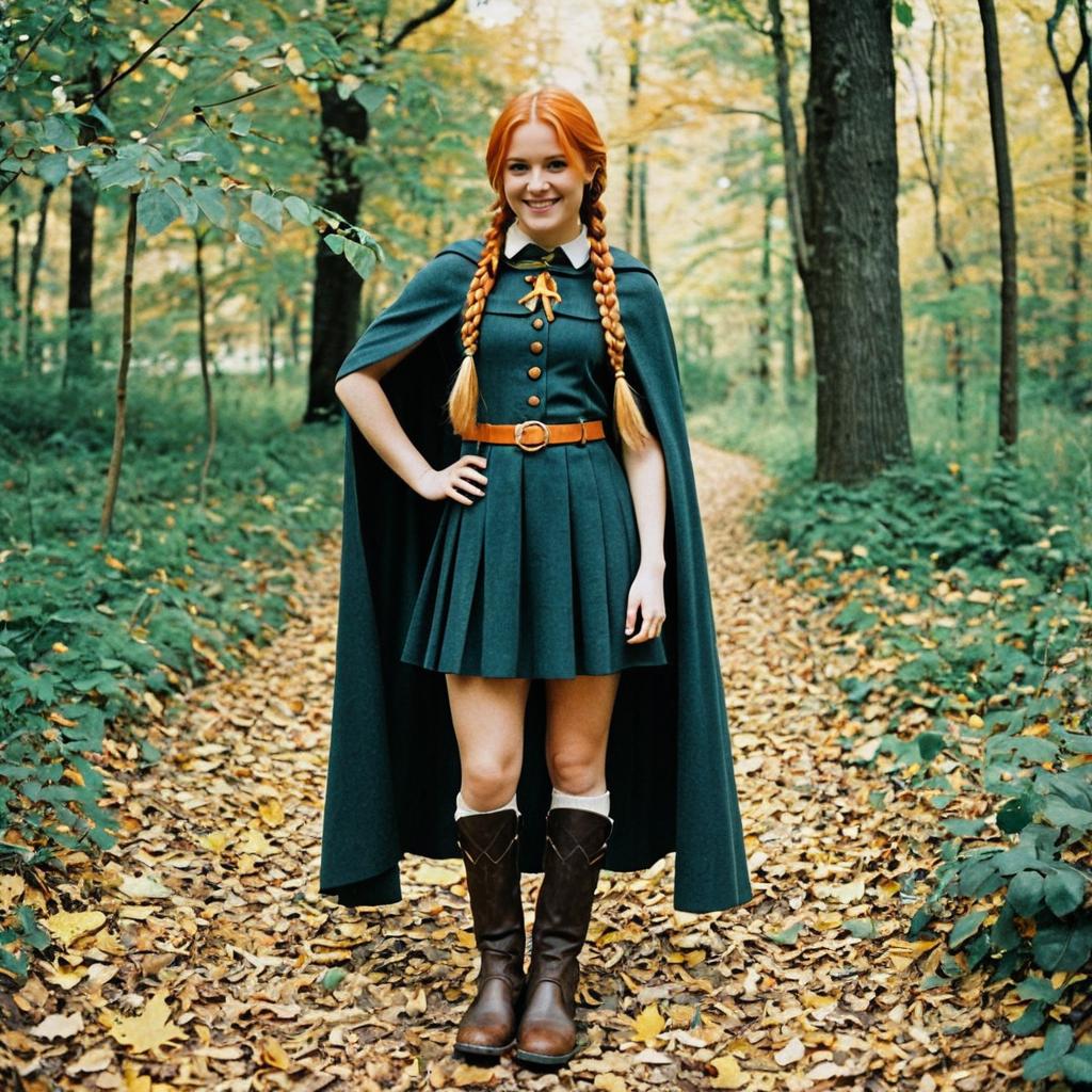 Confident Young Woman in Vintage Outfit on Autumn Forest Path