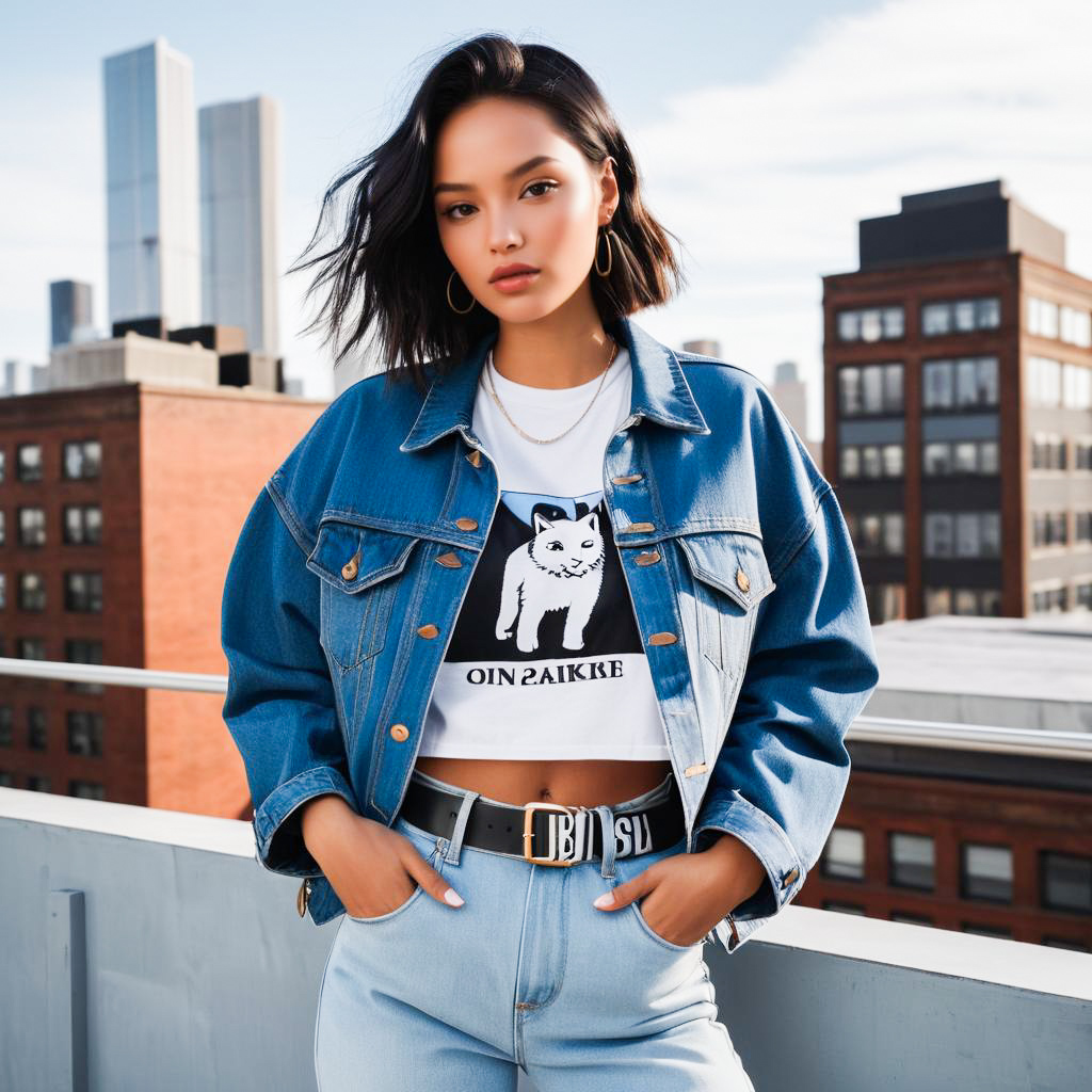 Stylish Woman in Denim Jacket on Rooftop with Skyline