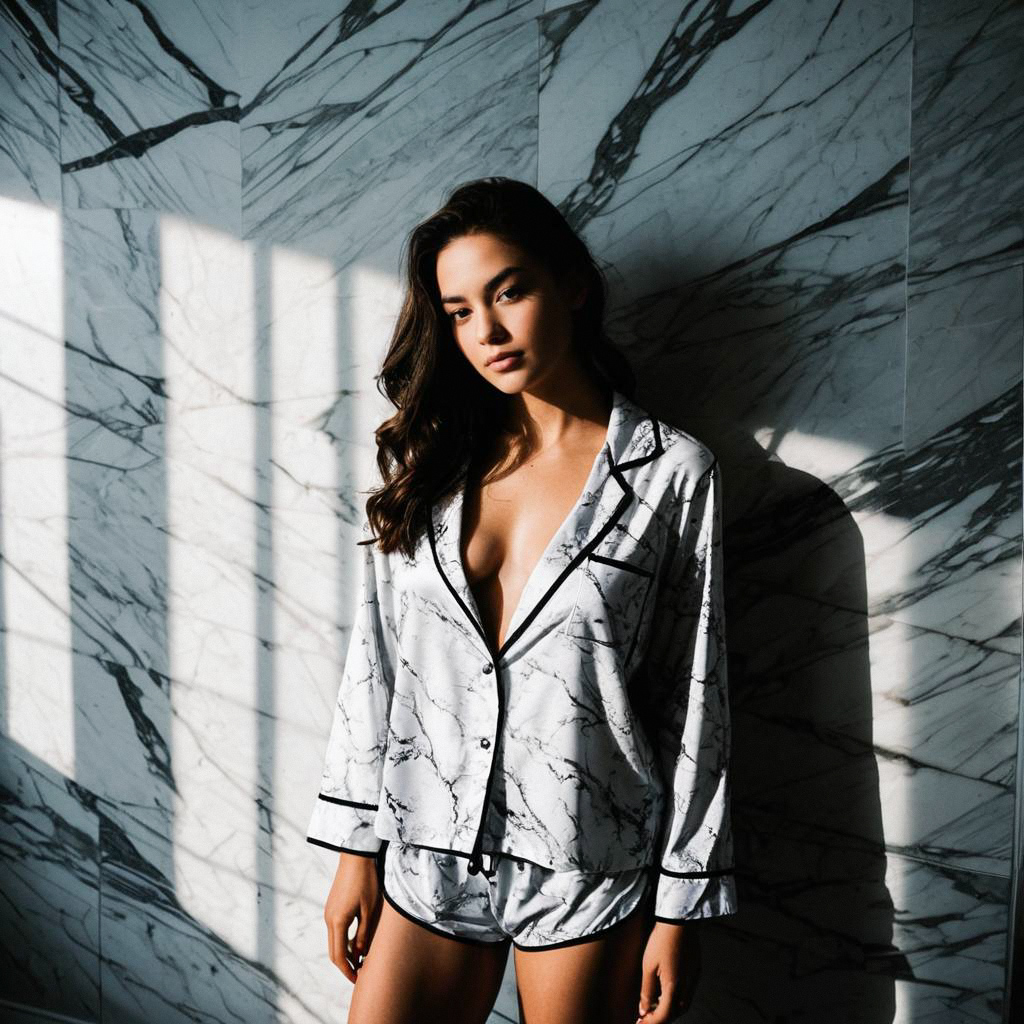 Young Woman in Marble Pajamas Against Marble Wall Young Woman in Marble Pajamas Against Marble Wall