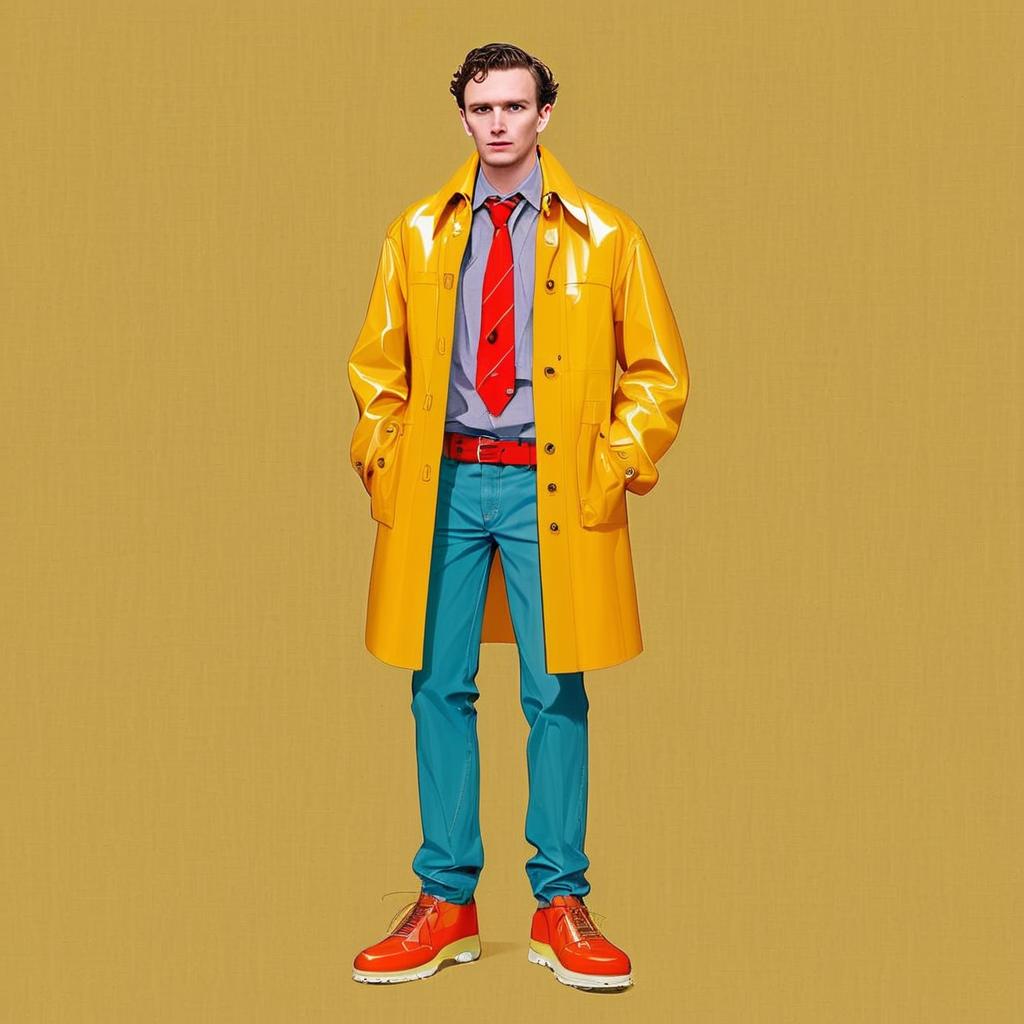 Young Man in Bold Yellow Raincoat and Colorful Outfit Fashion Portrait