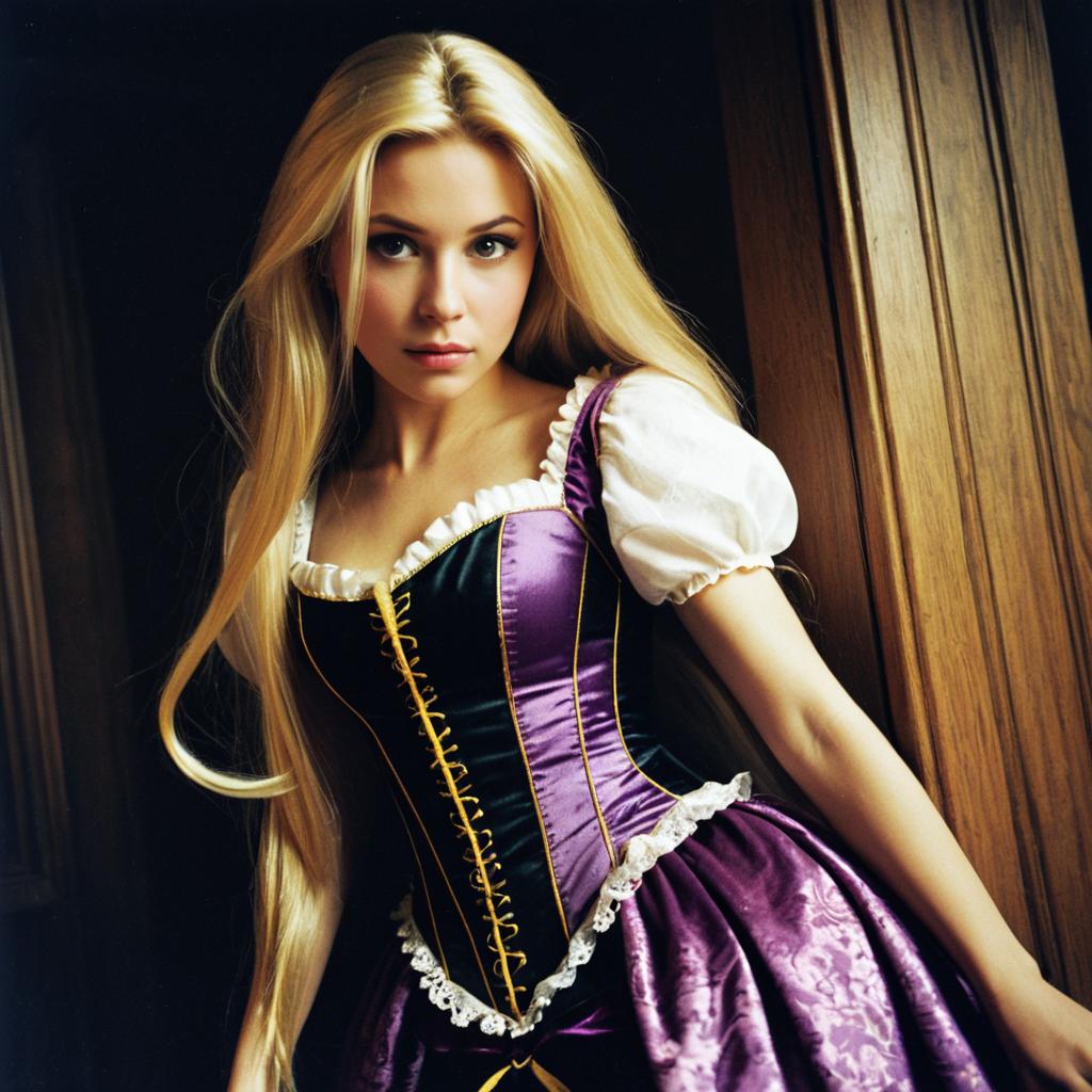 Woman in Provocative Rapunzel Costume with Corset and Long Blonde Hair Woman in Provocative Rapunzel Costume with Corset and Long Blonde Hair