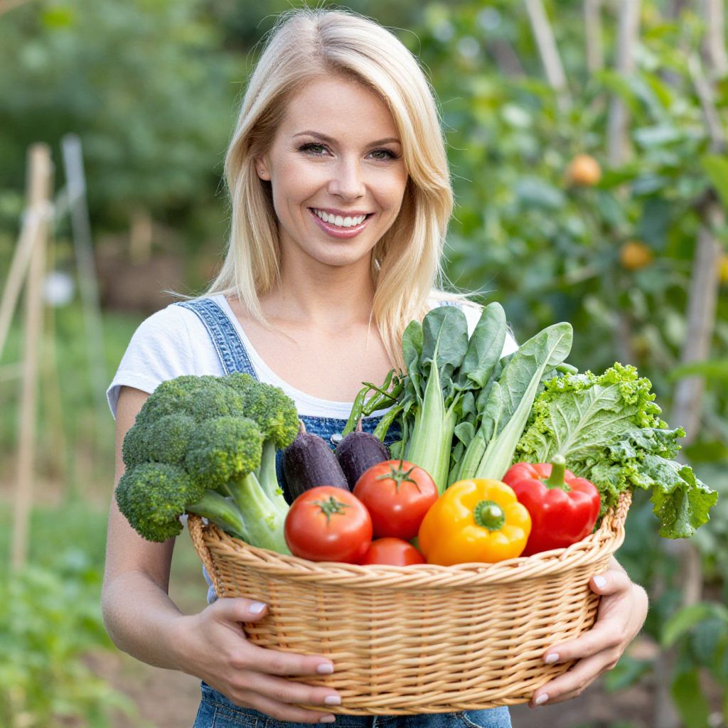 Woman Holding Basket of Fresh Garden Vegetables Outdoors
