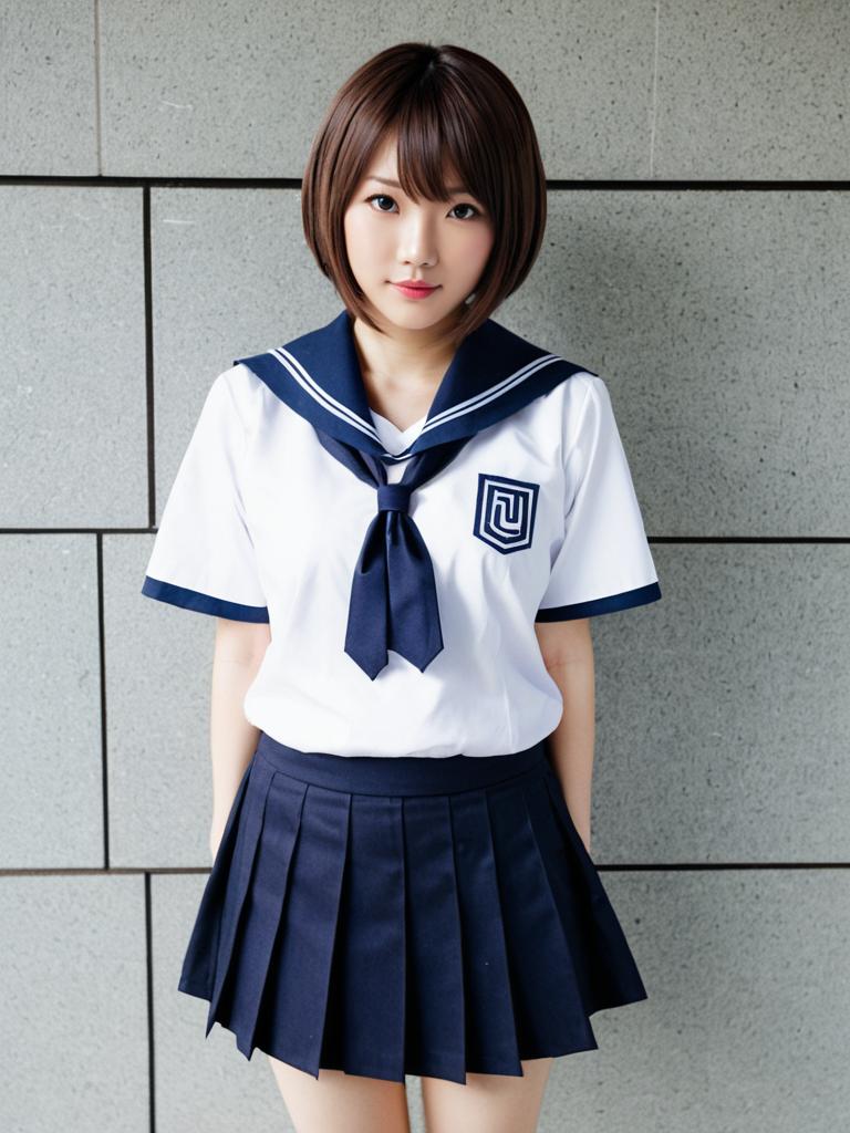Young Woman in Japanese Sailor School Uniform with Navy Blue Skirt