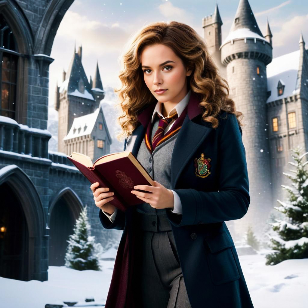 Young Woman in Wizarding School Uniform in Magical Winter Landscape