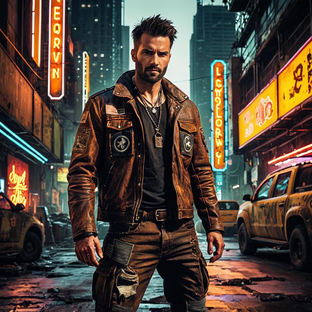 Cyberpunk Urban Man in Leather Jacket with Neon City Background
