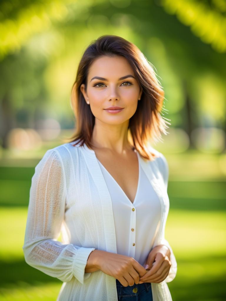 Confident woman in sunlit park