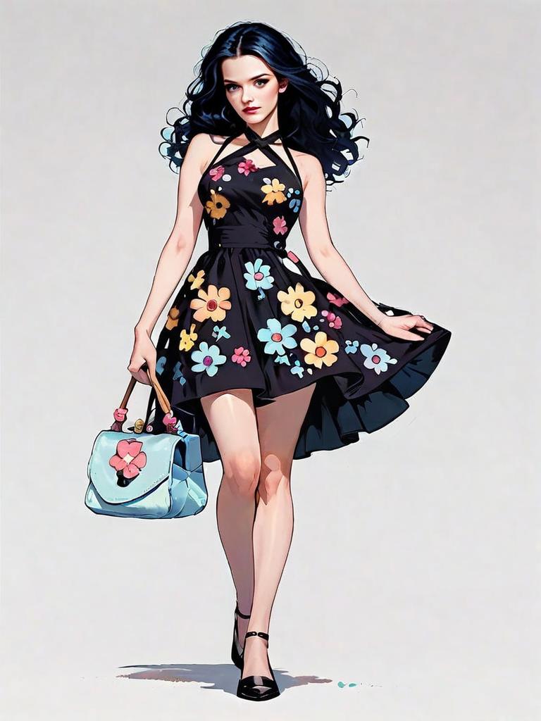 Stylish Woman in Floral Summer Dress Full Body Digital Illustration