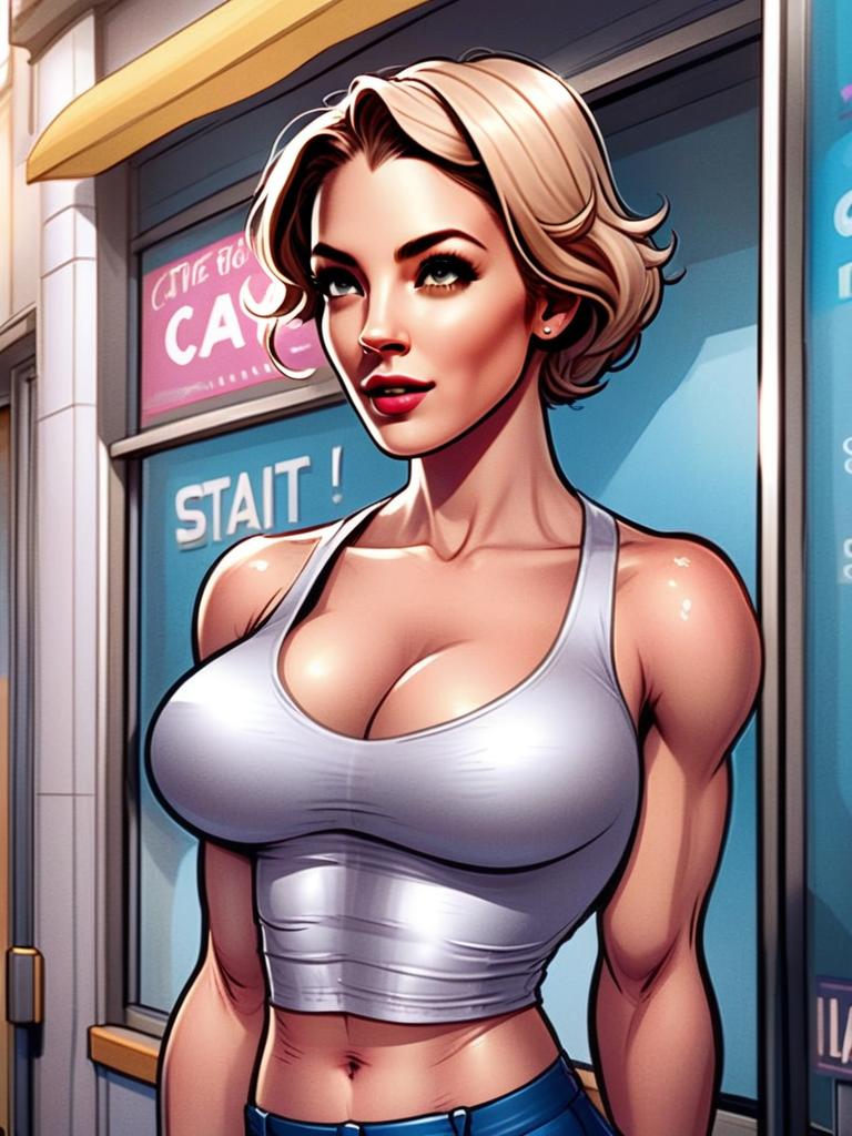 Stylized Digital Illustration of Muscular Woman in White Crop Top