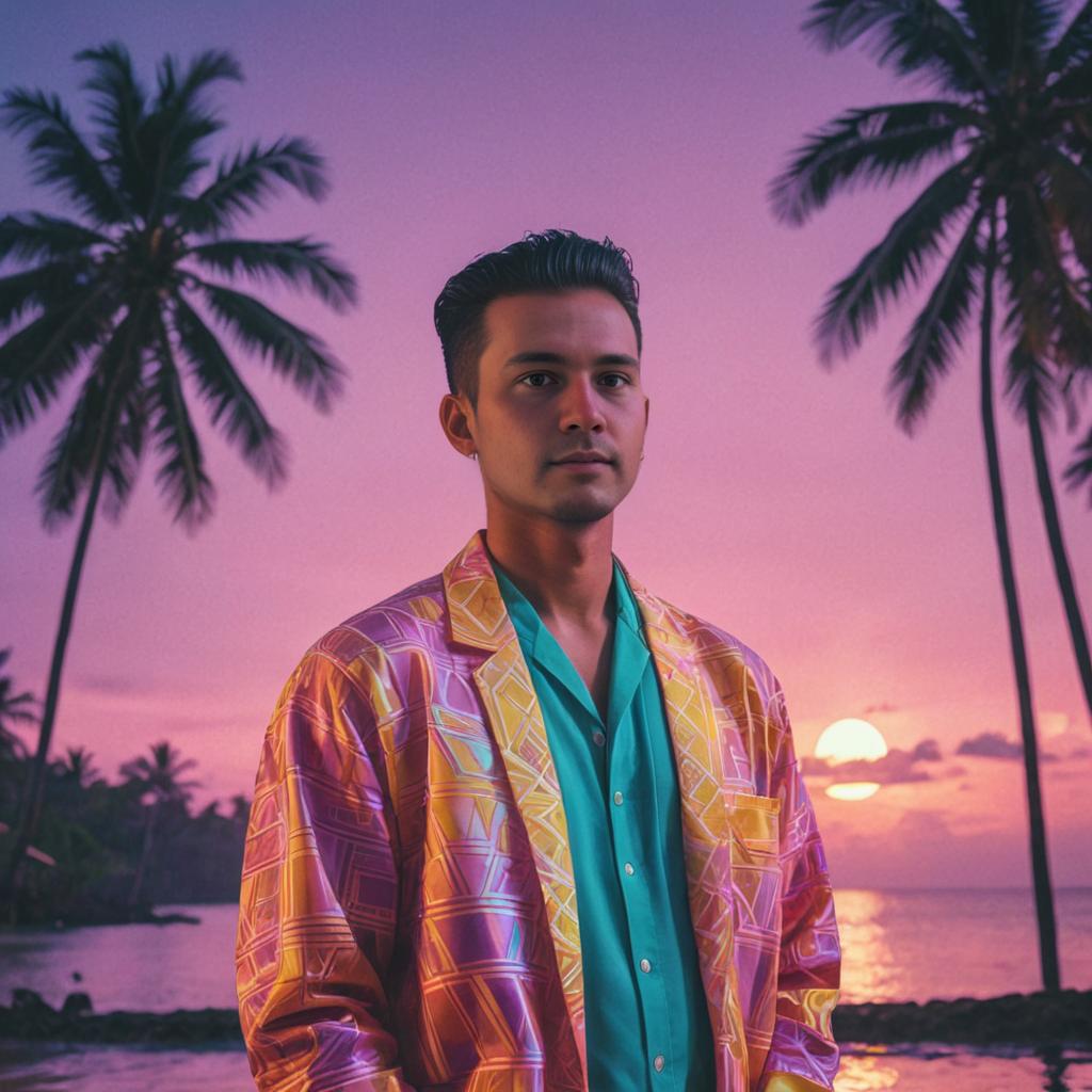 Stylish man at sunset with palm trees in retro vacation vibe