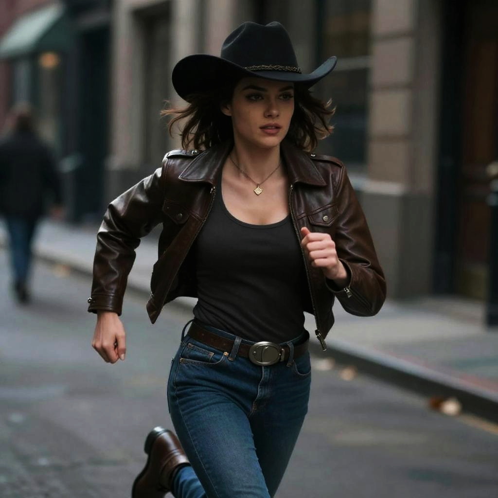 Woman Running in City Wearing Cowboy Hat and Leather Jacket