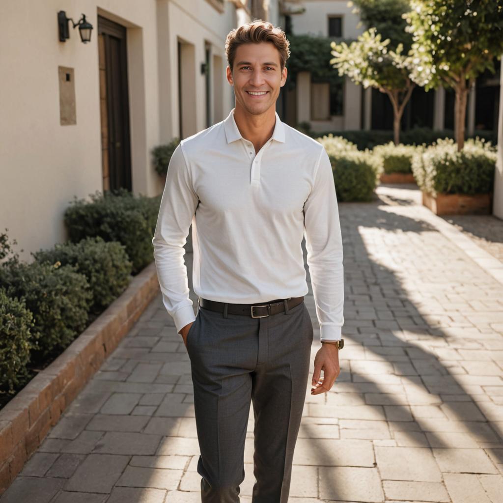 Confident man in stylish outfit walking in sunny courtyard