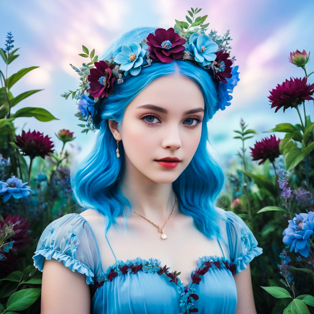 Young Woman with Blue Hair and Floral Crown in Colorful Flowers