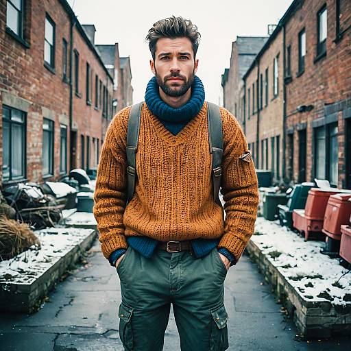 Young Man in Warm Sweater Standing in Snowy Urban Alleyway