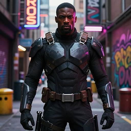 Man in Futuristic Tactical Armor in Neon Urban Alley