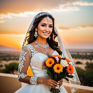 Radiant Bride in Lace Wedding Dress at Sunset