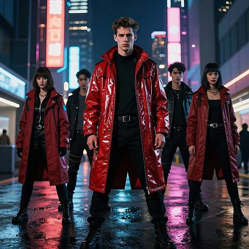 Gen Z Fashion Group in Red and Black Streetwear at Night Urban Setting