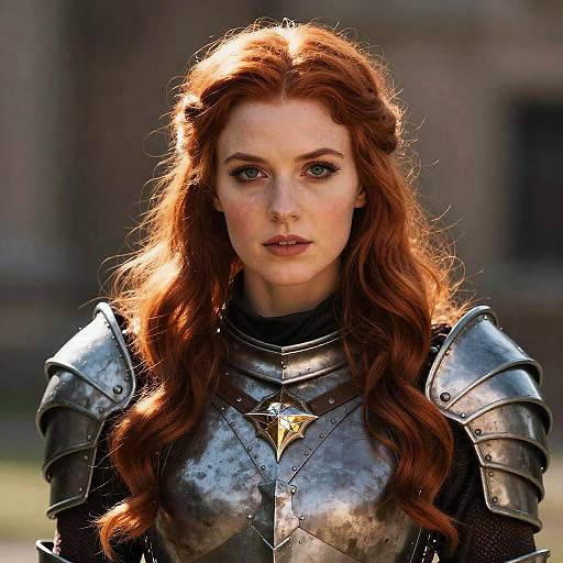 Fiery Red-Haired Woman in Medieval Armor Close-Up Portrait