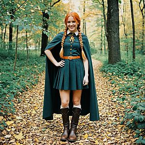 Confident Young Woman in Vintage Outfit on Autumn Forest Path