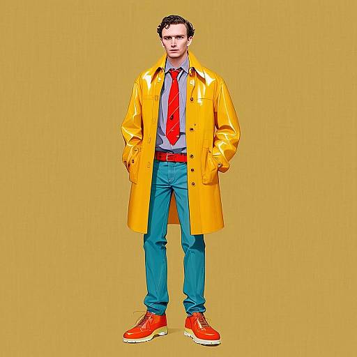 Young Man in Bold Yellow Raincoat and Colorful Outfit Fashion Portrait