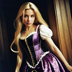 Woman in Provocative Rapunzel Costume with Corset and Long Blonde Hair