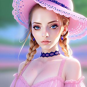 Portrait of a Woman in Pink Lace Dress with Blue Eyes