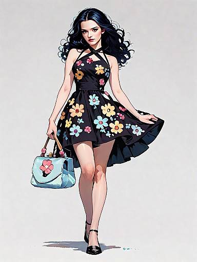 Stylish Woman in Floral Summer Dress Full Body Digital Illustration