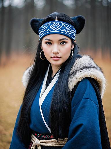 Stylish Woman in Blue Kimono with Fur and Traditional Headband