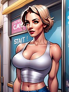 Stylized Digital Illustration of Muscular Woman in White Crop Top