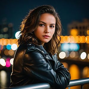 Young Woman in Leather Jacket at Night