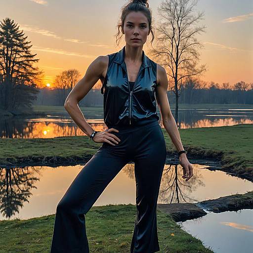 Confident Woman in Glossy Black Outfit by Lake at Sunset