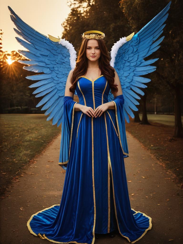 Woman in Blue Angel Wings Costume Photorealistic Outdoor Portrait