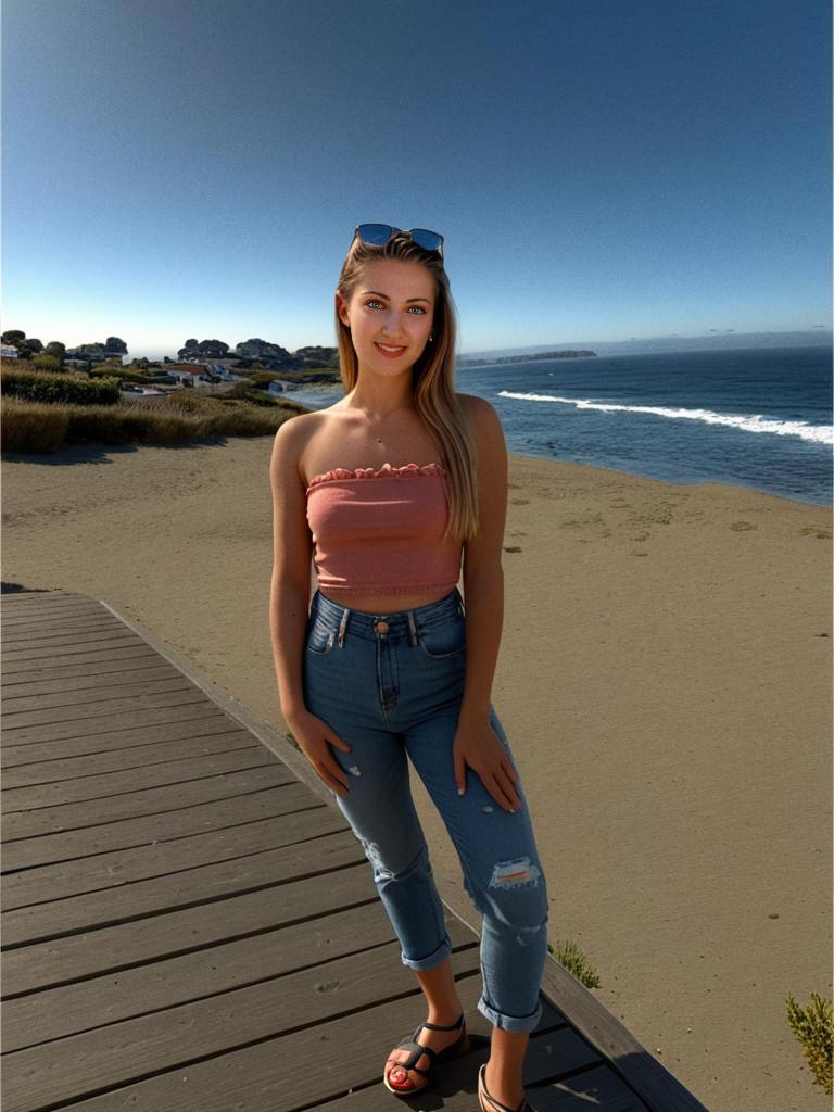 Confident Woman on Boardwalk with Ocean View