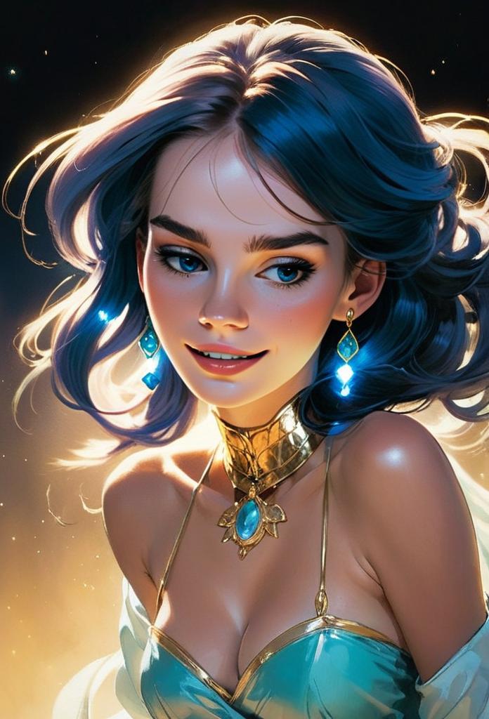 Fantasy Portrait of Woman with Blue Hair and Glowing Gemstone Jewelry