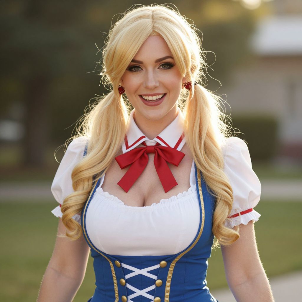 Smiling Woman in Traditional Bavarian Dirndl Outfit with Blonde Pigtails